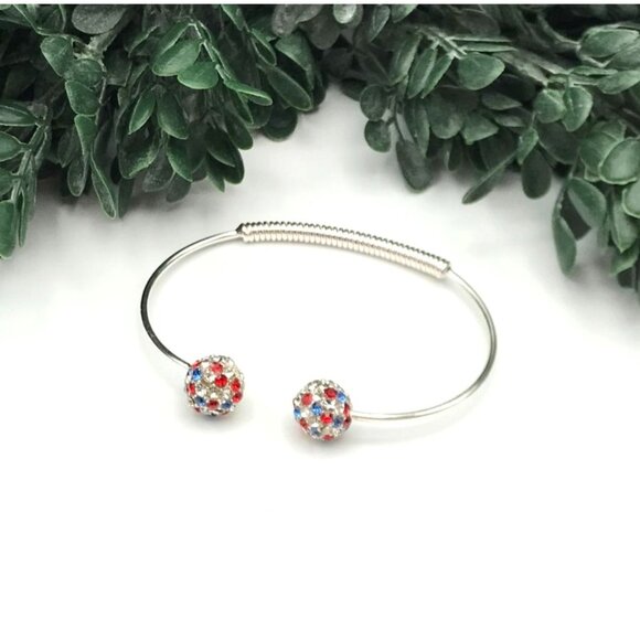 Crystal Ball Adjustable Bangle Bracelet With Red Blue & Clear Rhinestones - Picture 2 of 4